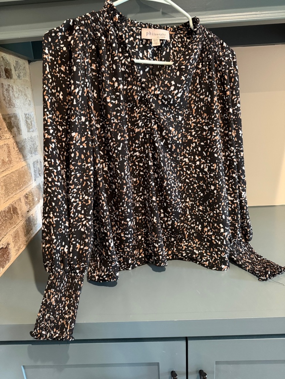 Philosophy Black Blouse with Beige & White Speckle Print